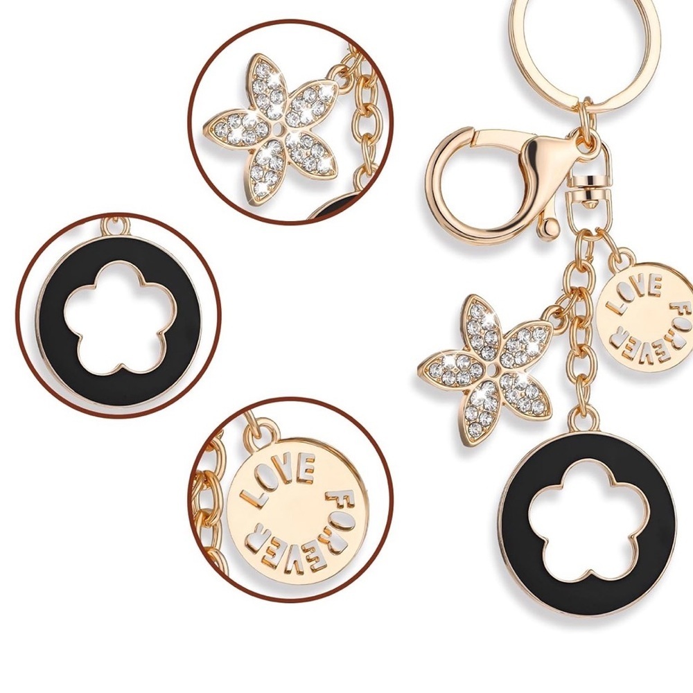 Gold-Tone Flower & Clover Bag Charm / Keychain – Rhinestone Accents - Picture 6 of 10